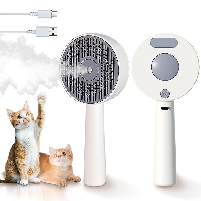 3 in 1 Cat Steam Brush, Self-Cleaning Anti-Static Pet Spray Hair Removal Comb for Cats with Release Button and Tank, Rechargeable Steam Brush for Shedding, Massage and Cleaning