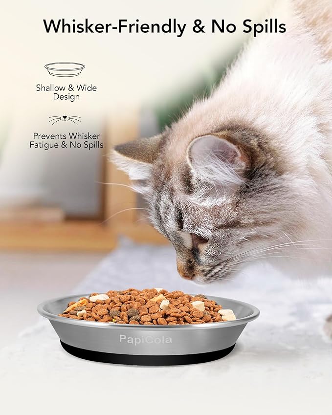 Stainless Steel Cat Bowls 4PCS, Non-Slip cat Food Dishes, Metal Pet Food and Water Bowls, Whisker Friendly with Wide and Shallow Design, 6.3'' Wide, 0.7mm Thick Steel, Ideal Pet Dish (4PC-6.3in)