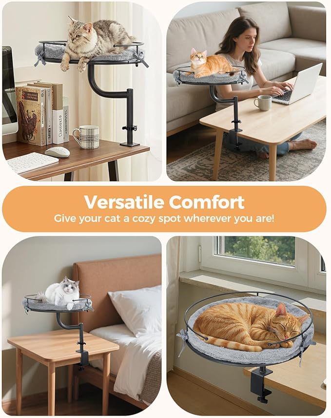 Cat Desk Bed, 360°Rotation & Height Adjustable Cat Bed for Desk Holds up to 40lbs, Machine-Washable Plush Cover
