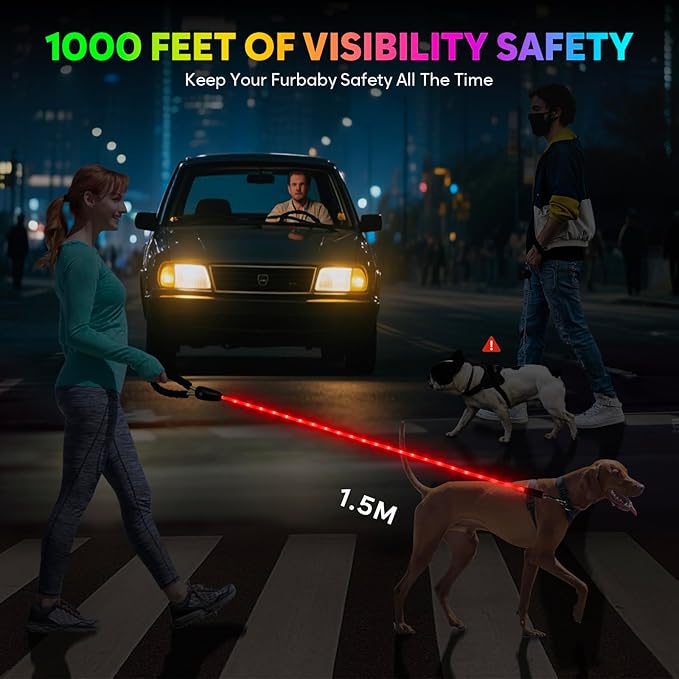 YFbrite 5FT Light up Dog Leash with 15 Flashing Modes - Super Bright LED Dog Leash for Small Medium Large Dogs - Type-c Rechargeable Dogs Leashes Light (Multi-Color, 5FT (150cm))