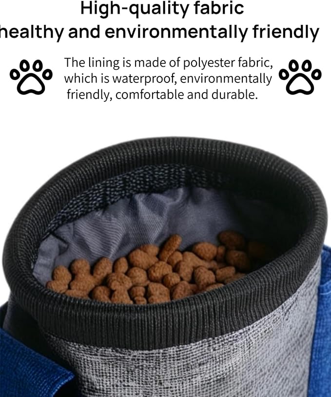4-in-1 Dog Treat Pouch-3-Way Waterproof Cationic Linen Bag with Side Pockets & Compact Design Holds 3 Cups for Outdoor/Hiking with Poop Bag, Adjustable Belt & Silicone Flying Disc (Blue)