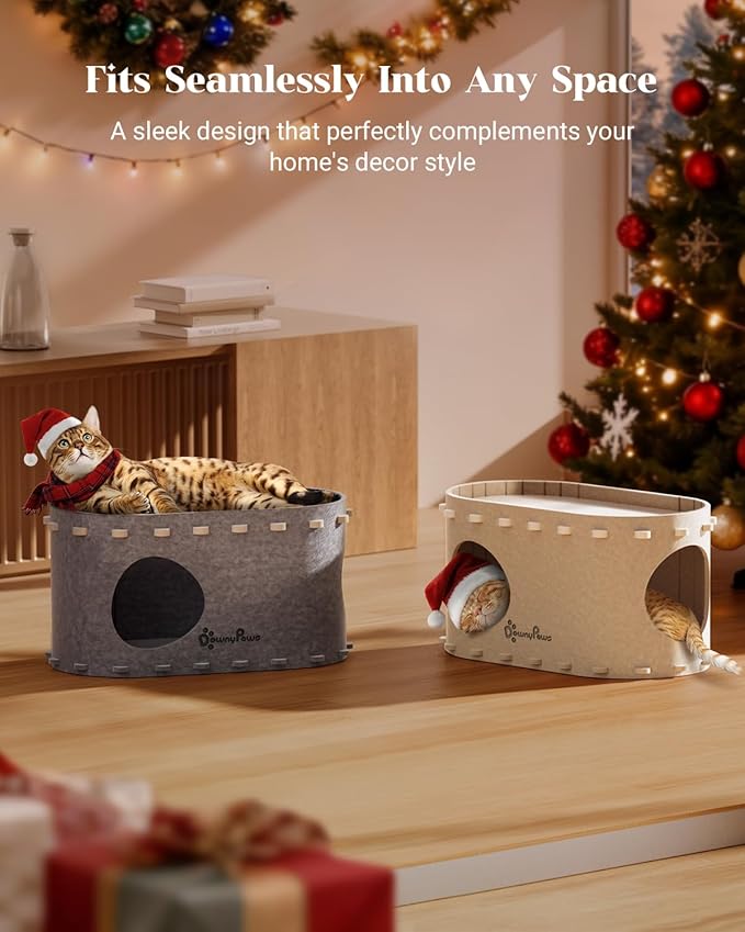 DownyPaws Cat House for Indoor Cats, Cat Bed Cave for Multiple & Large Cats Up to 22 Lbs, Scratch Resistant, Foldable Peekaboo Kitten Caves Tunnel Enclosed Bed, PeekaPurr, Light Gray