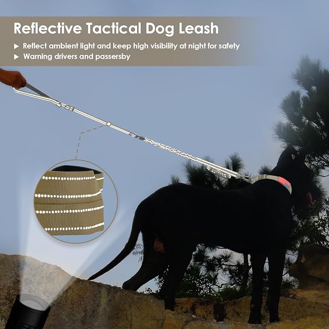 AUBELL Tactical Dog Leash Heavy Duty,4-6ft Reflective Strong No Pull Bungee Leash for Small Dogs with Comfortable Padded Double Handle,Car Seat Belt,360 Degree Rotating Carabiner,Brown