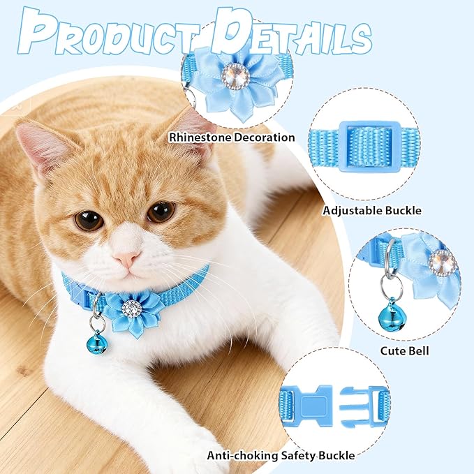 6 PCS Flower Kitten Collar with Bell, Adjustable Cute Cat Collar with Rhinestone for Female, Breakaway Small Kitten Collars, 6 Colors