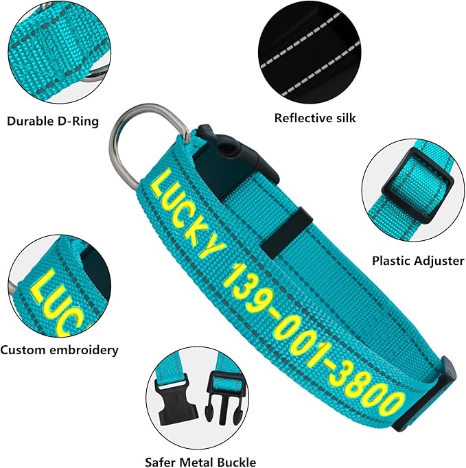 Personalized Embroidered Dog Collar - Custom Hand-Stitched Name & Number, Reflective Adjustable Pet Collar for Small/Medium/Large Dogs & Cats, Durable Nylon with Steel D-Ring (Black, Large)