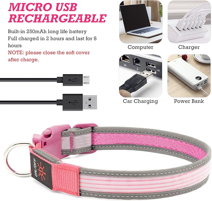 YFbrite Full Adjustbale LED Dog Collar, Full Illuminated Light up Dog Collars, Reflective Dog Collar Light Glowing in The Dark for All Dogs Safety (Small, Pink-2)