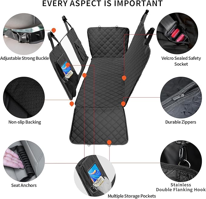 Dog Car Seat Cover for Back Seat, Dog Hammock for Car, Waterproof Backseat Cover for Dogs in Car SUV & Truck, with Mesh Window and Multiple Pockets