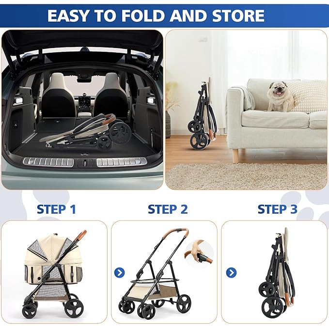 4 Wheels Pet Stroller for Small/Medium Dogs and Cats with Detachable Carrier and Storage Basket,One Click Folding, Compact Portable,3 in1 Multifunctional (Grey)