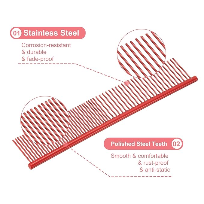 Dog Cat Comb, Pet Combs Stainless Steel Teeth with Rounded Ends for Knots Mats Loose Hair Removal, 6.5/7.5IN (Red Coated, 2 Pack), Grooming Tool Intended for Long Curly Hair Pet