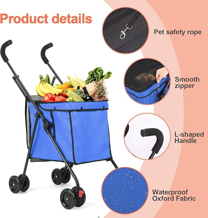 Dog Strollers, Shopping Cart, Collapsible Folding Utility Wagons Carts Heavy Duty, The Original Patented, 60lbs Capacity, Minimalist for Cats Pets Outdoor Camping Shopping Sports Garden (Blue)
