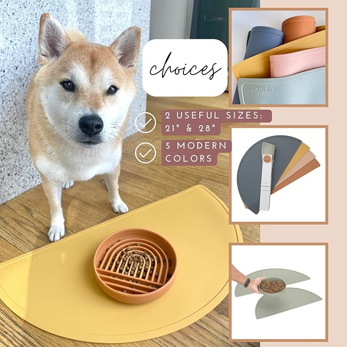Should We Go? - Waterproof Silicone Pet Food Mat - Non-Slip, Spill-Proof Feeding Mats for Floors, Raised Edge Design, Easy-to-Clean, Rubber Mat for Dog & Cat Bowls, 28" Across x 14" Deep, Large-Honey