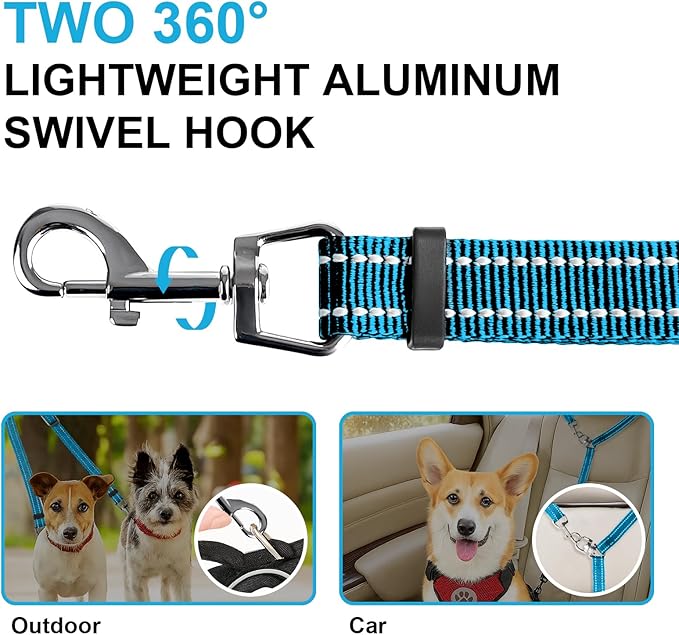 MingXpet Double Dog Leash for Two Dogs, No Pull Dog Leash, 360° Swivel No Tangle for Small Dogs Walking & Training, Shock Absorbing Reflective Bungee, Blue