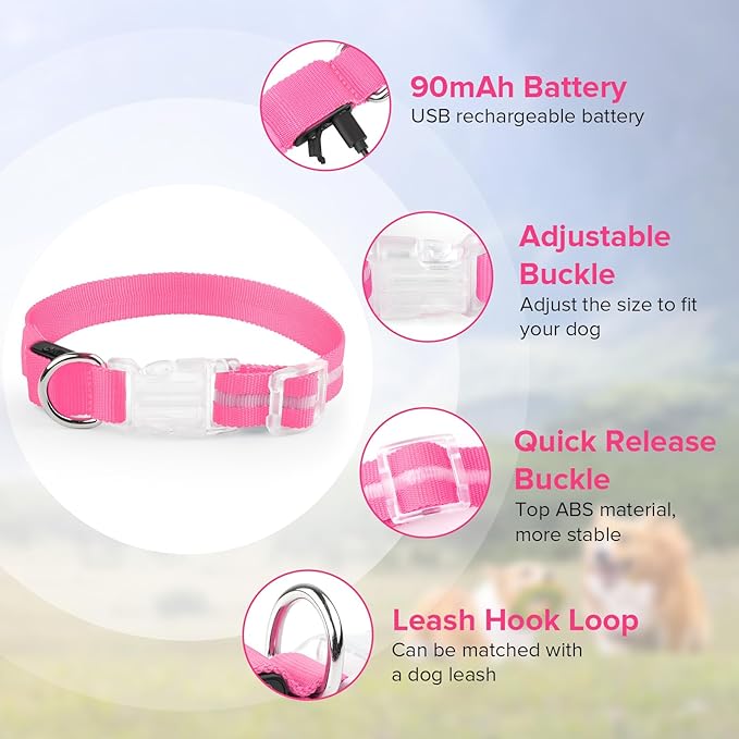 Jewyow Light Up Dog Collar, Adjustable USB Rechargeable Glow in Dark Dog Collar ，Waterproof Dog Collars for Large Dogs (Pink, Large)