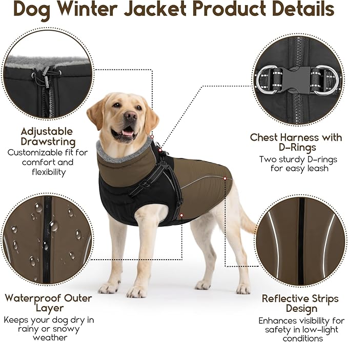 ASENKU Reflective Dog Coat with Built-in Harness, Windproof Fleece-Lined Dog Jacket for Small, Medium, Large Dogs, Warm Winter Vest with Turtleneck & Zipper (Khaki 3XL)