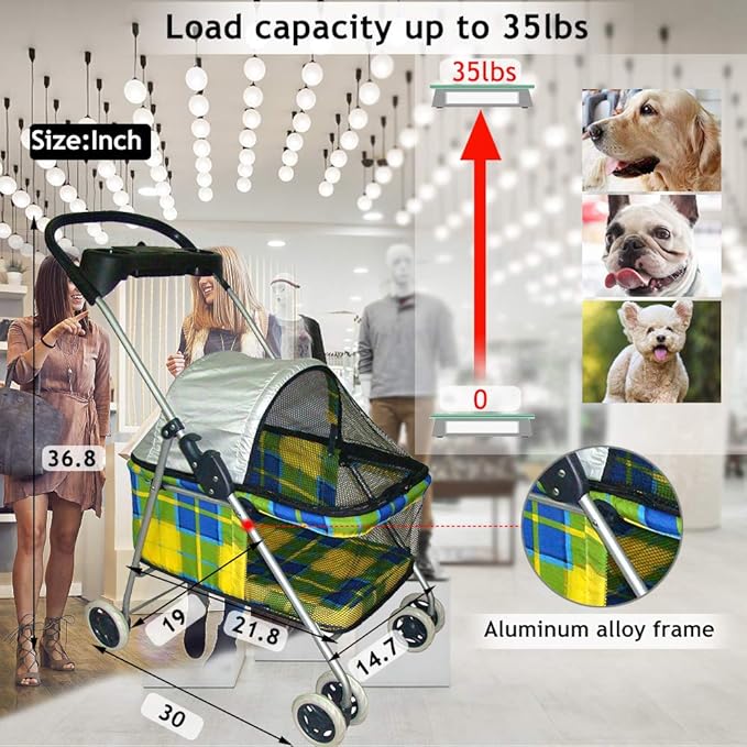 Jogger Pet Stroller for Small & Medium Dogs/Cats 35Lbs Capacity Kitten Doggie Cage Waterproof Foldable Travel Carrier Puppy Strolling Cart Durable Large 4 Wheels Cat Dog Stroller with Cup Holders