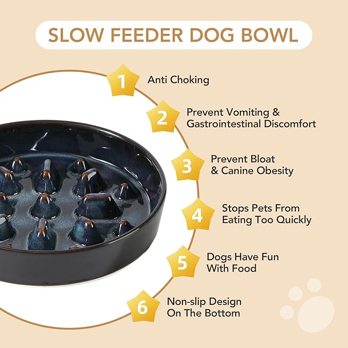 Ceramic 1.6 Cup Raised Slow Feeder Dog Bowl Set, Elevated Acacia Wood Stand for Medium and Large Dogs, 8.2inch Slow Pet Dish for Fast Eaters(1 Bowl & Stand,Starry Sky)