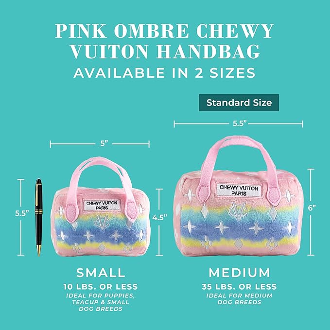 Haute Diggity Dog Pink Ombre Chewy Vuiton Handbag, Plush Designer Dog Toys with Interactive Squeaker, Stimulating Pet Enrichment, Machine-Washable & Safe Materials for All Breeds, Size Small