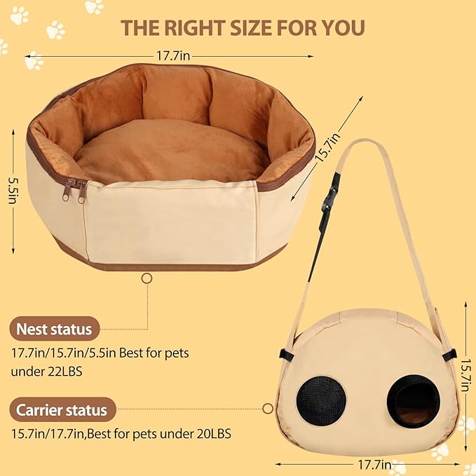 2-in-1 Convertible Pet Sling Carrier & Bed - with Breathable Mesh, Adjustable Strap & Pocket，for Travel, Vet Visit & Home Use, Up to 22lbs
