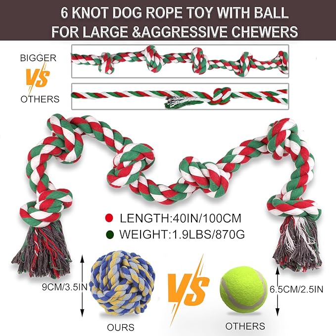 Ryvaxxi Dog Rope Toys for Aggressive Chewers 40In 6 Knots Extra Large Tug of War Dog Toy with Ball, Indestructible Heavy Duty Rope Toys for Dogs Pet Chew Toys for Teething Playing Training