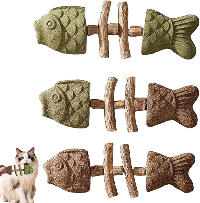 3PCS Cat Dental Health Chew, Natural Fishbone Shape Teething Toy with Catnip, Durable Feline Tooth Care Tool