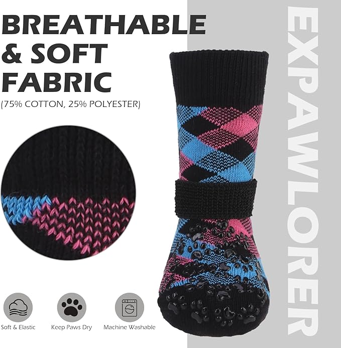 EXPAWLORER Dog Socks for Cold Winter Snow to Prevent Licking Paws, Anti Slip Doggie Booties Grippy Shoes for Hardwood Floors, Boots & Paw Protectors for Small Medium Large Senior Dogs Pink Blue XL