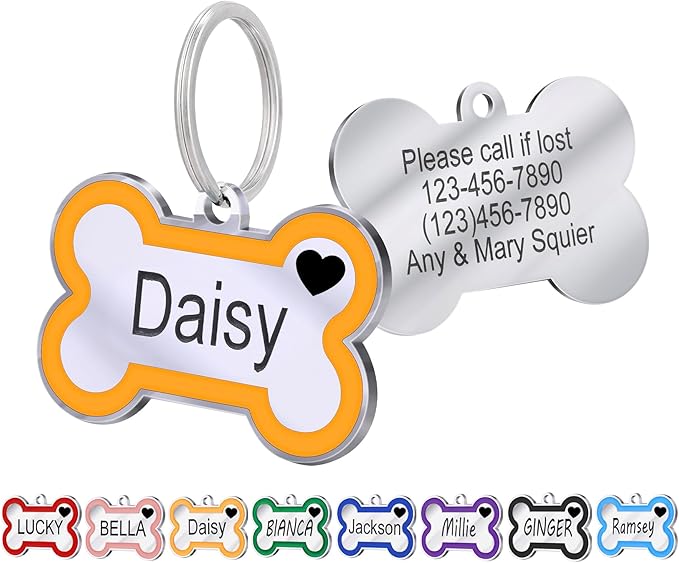 Personalized Deep Engraving Pet ID Tags Engraved Both Sides Bone Shape Custom Dog Tag Stainless Pet ID Tag Engraved Heart Dog Tags for Large Small Dogs Cats (Orange, Large)