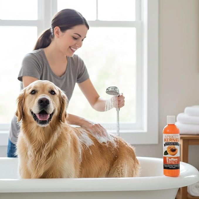 Jeffers Pet Apricot Kernel Shampoo, 17 oz – Detergent & Soap Free Exfoliating & Moisturizing Formula for Dogs, Cats, Puppies, Ferrets & Rabbit – Coconut Based, Apricot Scent with Vitamins A&D