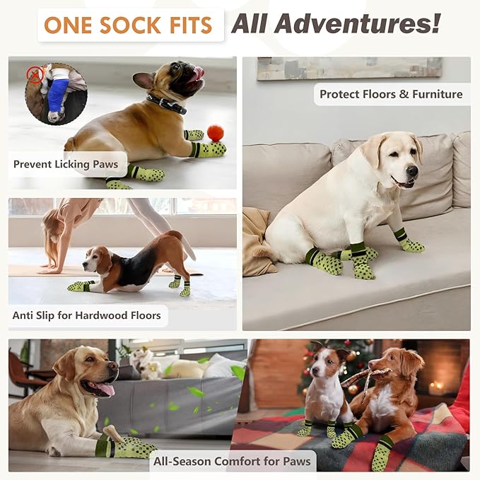 Non Slip Dog Socks to Prevent Licking Paws Grippy Socks for Senior Dog on Hardwood Floors Anti Slip Dog Socks for Christmas Holiday Double Side Paw Protector Prevent Scratching Green M