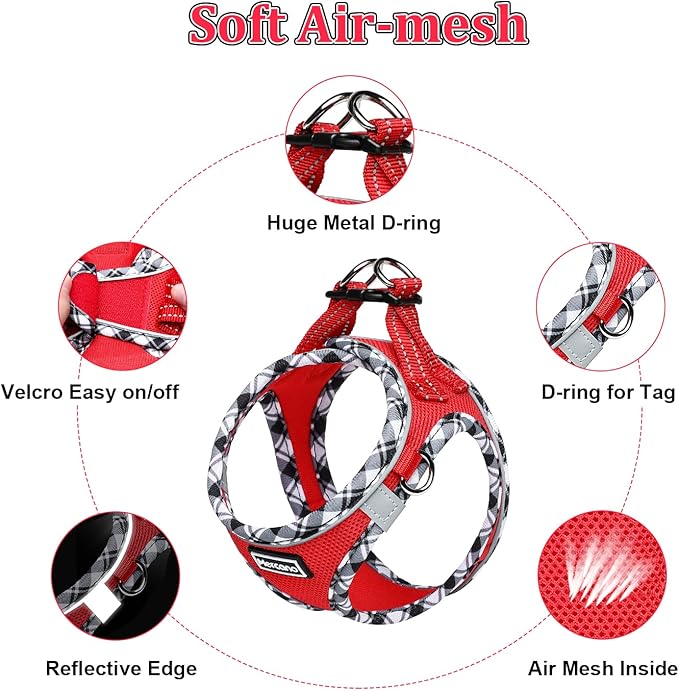 Mercano Soft Mesh Dog Harness and Leash Set, No-Chock Step-in Reflective Breathable Lightweight Easy Walk Vest Harnesses with Safety Buckle for Small Dogs, Cats (Red, L)