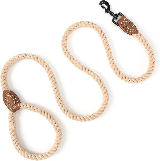 Mile High Life Dog Leash | Braided Cotton Rope Dog Leashes with Leather Tailor Tip | 5 Feet Dog Leash w Heavy Duty Metal Clasp | Wedding Dog Leash (Light Brown, 60 Inches)