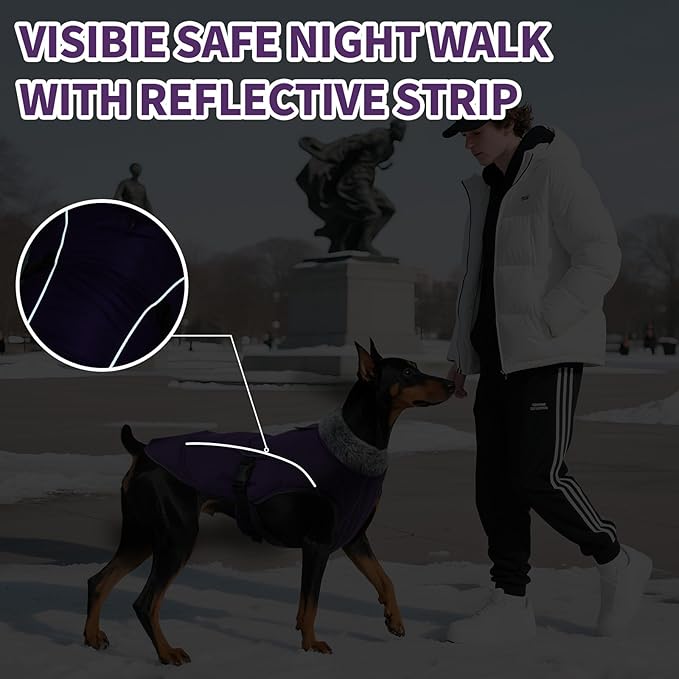 DENTRUN Winter Warm Dog Coat Reflective Jacket with Turtleneck for Cold Weather, Adjustable Buckle Windproof Water Repellent, Thick Snowsuit Fleece Vest for Small, Medium, Large Dogs, Purple, S