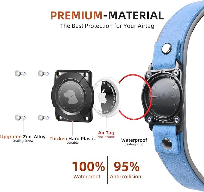 AirTag Dog Collar - Leather Dog Collar with Air Tag Holder | IPX8 Waterproof, Reflective, High - End, Adjustable Soft Padded | Dog GPS Tracker Collars Fit for Medium Large Dogs (Blue, L)