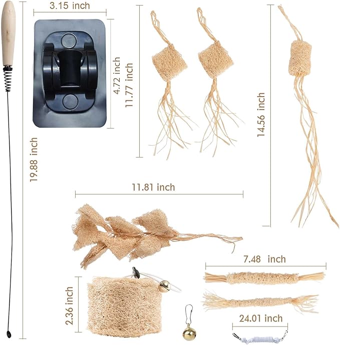Natural Loofah Raffia Cat Chew Toy-7pcs Handmade Gum Massage Teether w/ Cat Wand Toy, Kitten Chew Stick, Interactive Teeth Cleaning Toys for Aggressive Chewers, Safe Kitten Bite Relief & Stress Relief