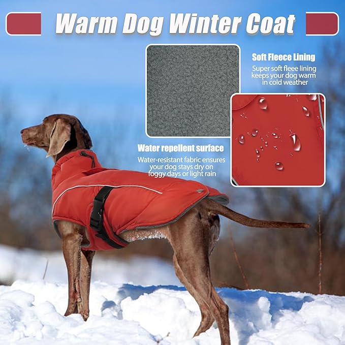 DENTRUN Winter Warm Dog Coat Reflective Jacket with Turtleneck for Cold Weather, Adjustable Buckle Windproof Water Repellent, Thick Snowsuit Fleece Vest for Small, Medium, Large Dogs, Red, L