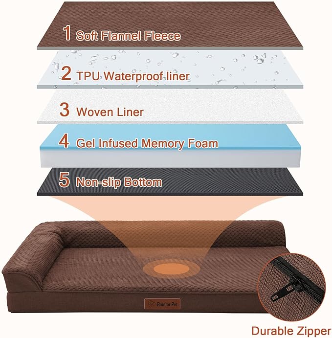 Orthopedic Dog Beds for Large Dogs, Memory Foam Dog Beds Large Sized Dogs, Washable Removable Cover, Nonskid Bottom, Waterproof, for Indoor, Outdoor, Crate ＆ Car Use, 44x32x6 Inches, Brown Grey