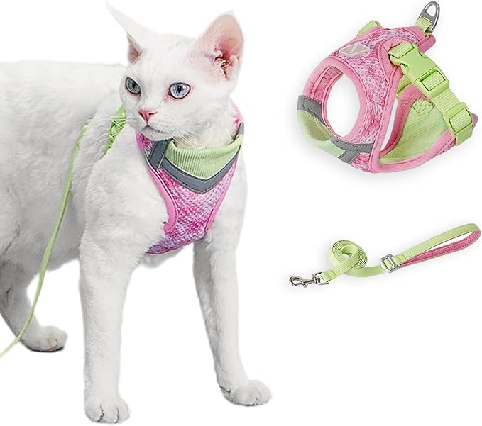 Cat Harness and Leash Set for Comfortable Outdoor Walking, Escape Proof, Adjustable Soft Kitten Vest Harness with Reflective Strip for Cats, Small Dogs (Pink Green, S)