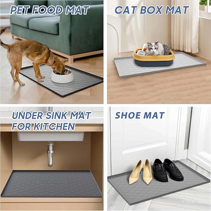 URMONA Large Dog Food Mat, 40" x 22" Pet Food Mat, Waterproof Dog Cat Food Mat with Raised Edges, Silicone Pet Food Mat, Dog Accessories, Prevents Food Spills, Protects Floors（Beige）