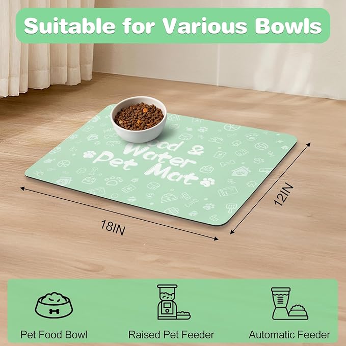 Pet Feeding Mat,Dog Cat Mat for Food and Water,Dog Bowl Waterproof Placemat with Rubber Backing,Absorbent Quick Dry Water Dispenser Mat for Pet（Green 12"×18"）