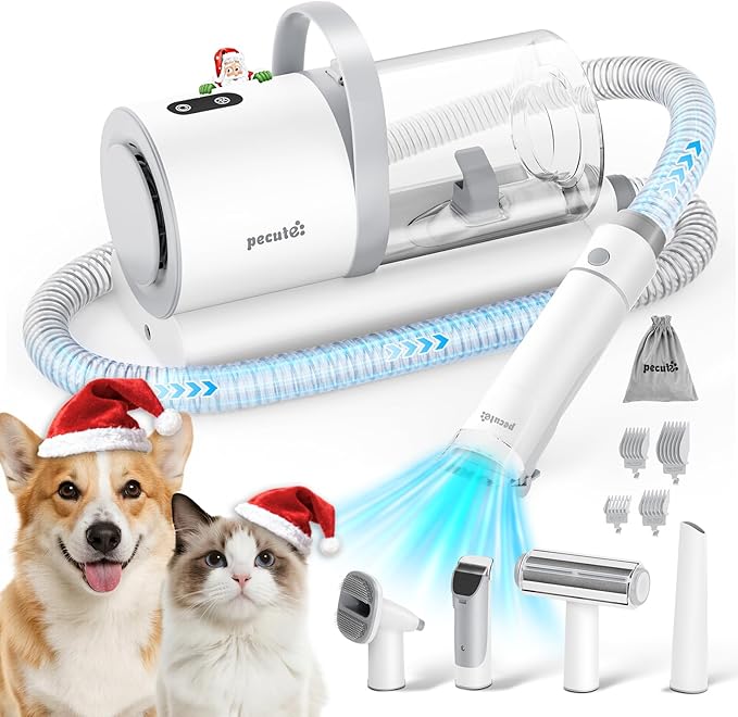 Pecute Dog Grooming Vacuum, 4-in-1 Pet Grooming Kit with Clipper, Brush, 12000Pa Dog Vacuum for Shedding with 1.5L Dust Cup, Storage Pocket, Low Noise Pet Vacuum for Dog & Cat, Home Grooming
