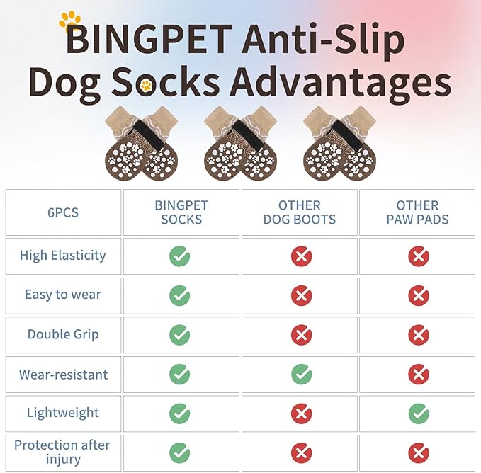 BINGPET 6PCS Dog Socks to Prevent Licking Paws with Grippers for Hardwood Floors Anti Slip, Winter Pet Shoes Booties, Extra-Thick Grip Dog Boots & Paw Protectors for Small Medium Large Senior Dogs, L