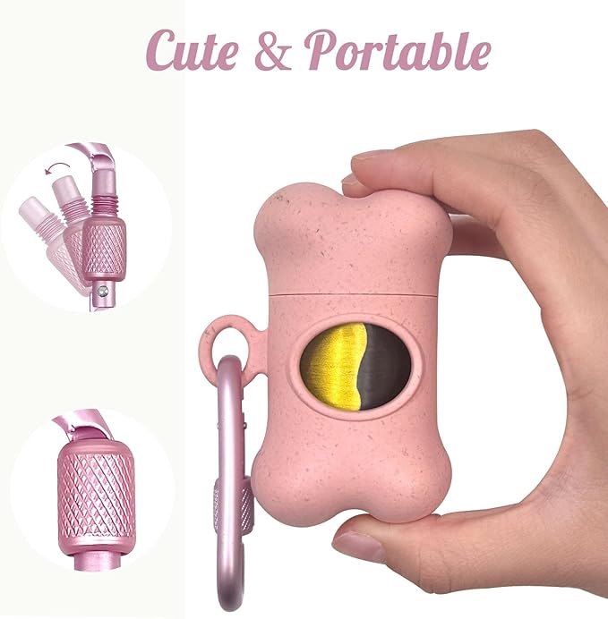 Bone-Shaped Dog Poop Bag Holder for Leash |Dispenser with 15 Leak-Resistant Waste Bags & Carabiner Clip(Pink)