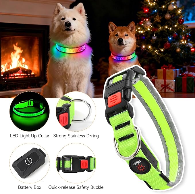 LED Dog Collar, Light Up Dog Collar USB Rechargeable, Nylon Adjustable Comfortable Soft Bright RGB 7 Colors Changing Safety Light Glowing Collar for Small and Medium Dogs(Small,Green)