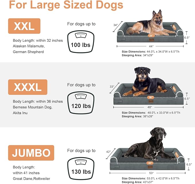 Large Dog Bed Orthopedic Washable: Extra Large Sized Beds for Jumbo Dogs Egg Crate Foam Sofa Couch Waterproof Removable Cover - Dark Grey