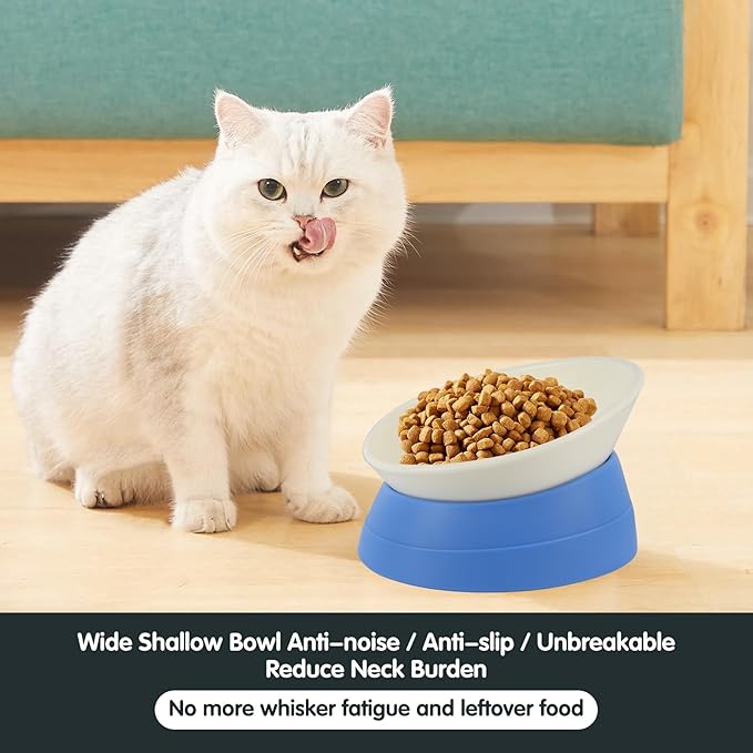 Bulldog Bowl Anti-Slip Dog Cat Dish Detachable Rubber Dog Bowl Pet Sterile Tilted Pet Feeder Slope Base (Blue, 2 Cup (Small/Medium Dog))