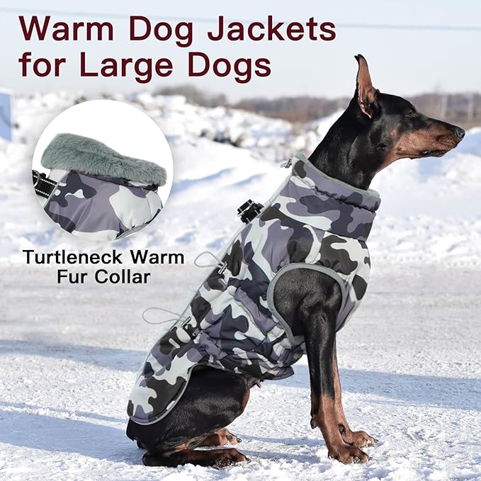 Dog Coat for Large Dogs, Dog Winter Jacket-X Large Warm Dog Coat with Harness Reflective Dog Vest Water-Resistant Dog Snowsuit Dog Snow Jacket for Large Dogs Beagle, Corgi, Grey-Camouflage