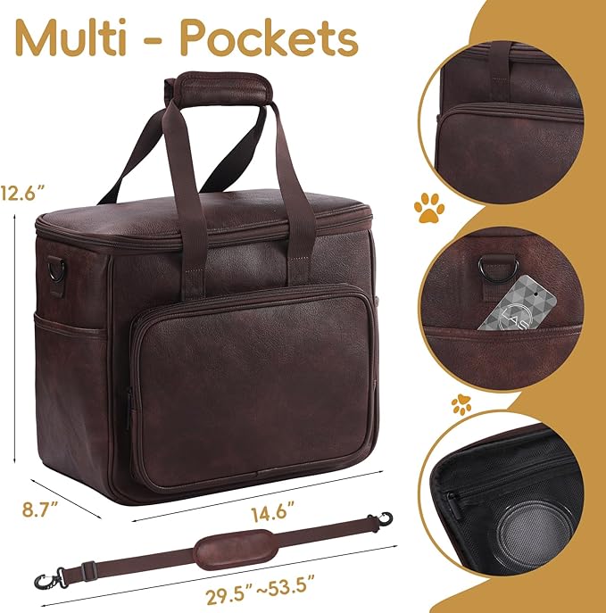 Dog Travel Bag, Leather Travel Pet Bag Set for Dog and Cat, Airline Approved Tote Organizer with Multi-Function Pockets, 2 Food Storage Containers, 2 Collapsible Bowls