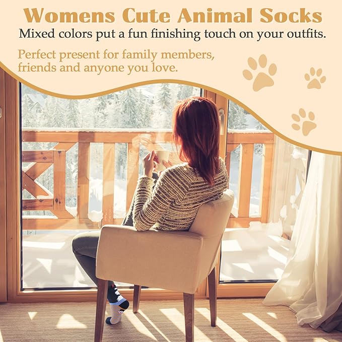 YSense 5 Pairs Cute Animal Socks for Women, Novelty Fun Crew Cotton Cat Dog Socks Stocking Stuffers Gifts for Women