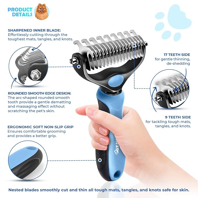 Undercoat Rake for Dogs & Cats, Dematting Comb with Extra Wide Double-Sided Stainless Steel Teeth for Detangling, Deshedding, Brushing, Thinning & Removing Shed Fur, Knots, Mats, and Tangles in Pets