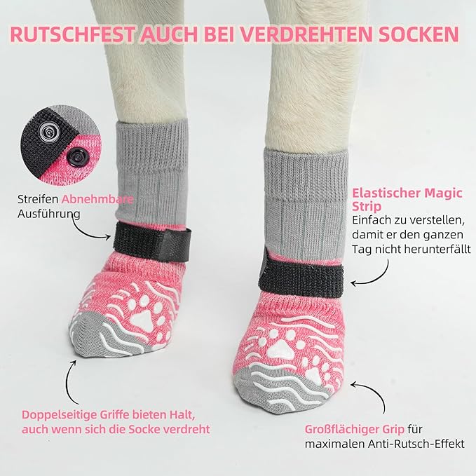 PUPTECK Anti Slip Dog Socks, Shoes with Grippers to Prevent Licking Hardwood Floors Traction, Rubber Boots & Paw Protectors for Small Medium Large Dogs Cold/Hot Pavement, Senior Dogs Booties Pink