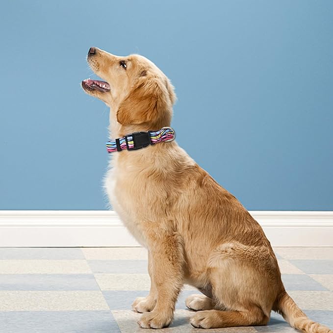 Reflective Dog Collar, Adjustable Soft Neoprene Padded Nylon Pet Collars with Buckle for Puppy and Small Dogs, Cats, Colorful Wave Pattern,XL